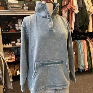NWT Boutique Fleece Washed High Neck Kangaroo Pocket Pullover - Blue Grey